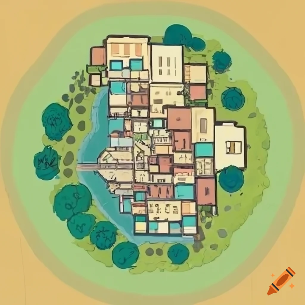 Ghibli-inspired town with a mosque in the center