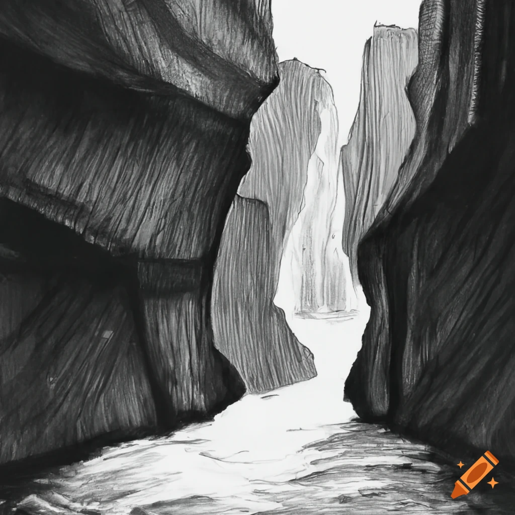 pencil sketch of a deep canyon in one point perspective