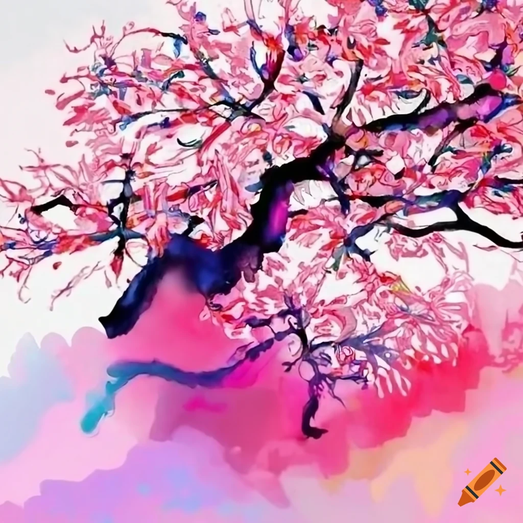 Japanese style ink painting of a cherry tree