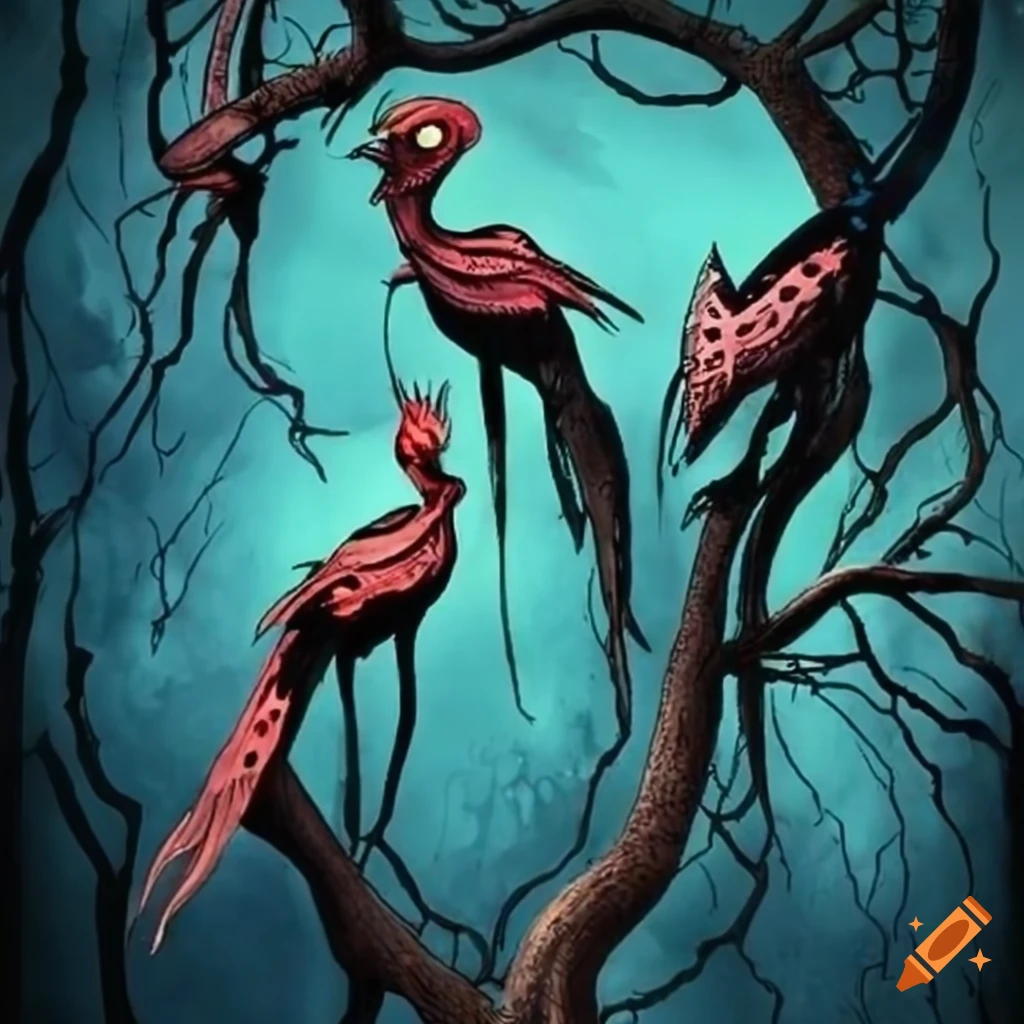 Tim Burton inspired artwork of creepy birds on a branch