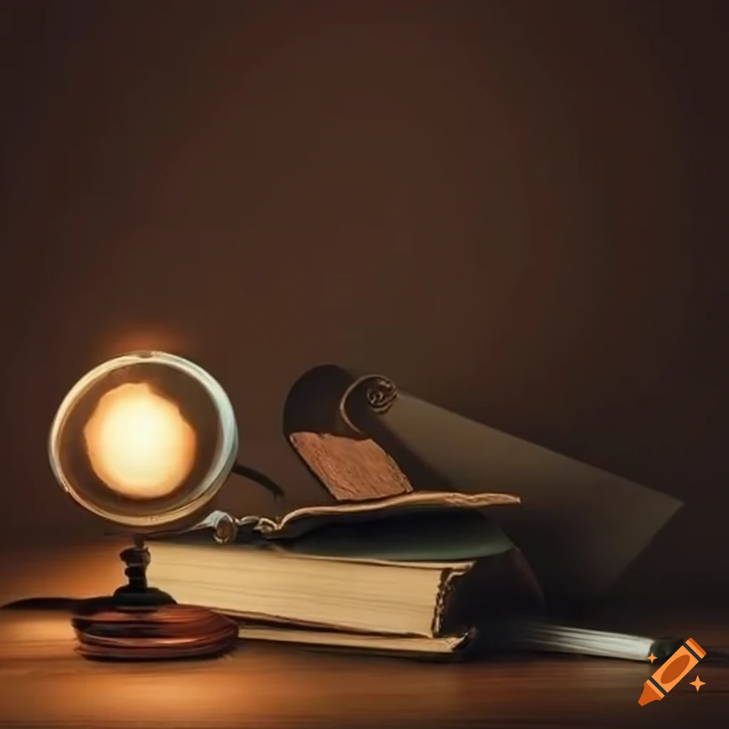 retro desk with books, magnifying glass, globe, and map
