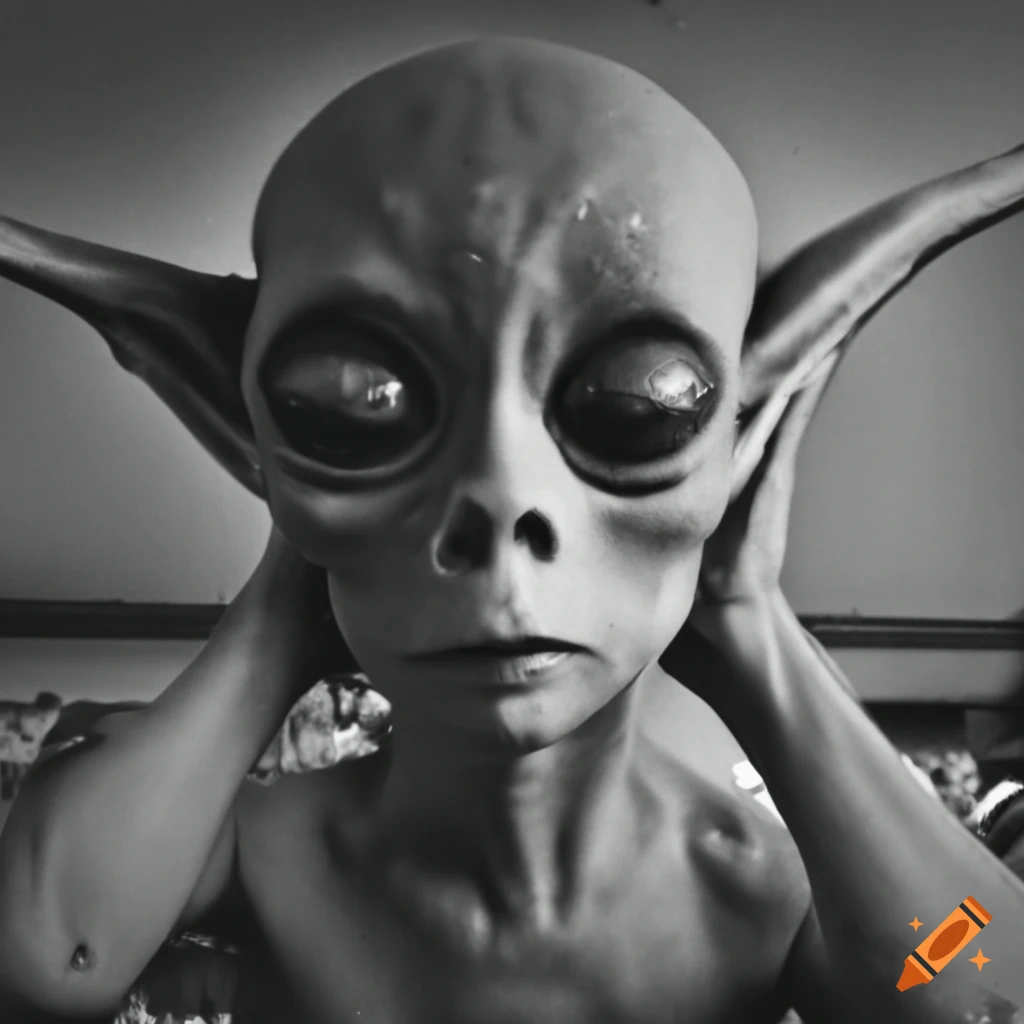 retro shot of an alien in a grocery store