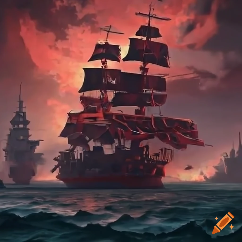 illustration of dark red warships attacking a coastal town