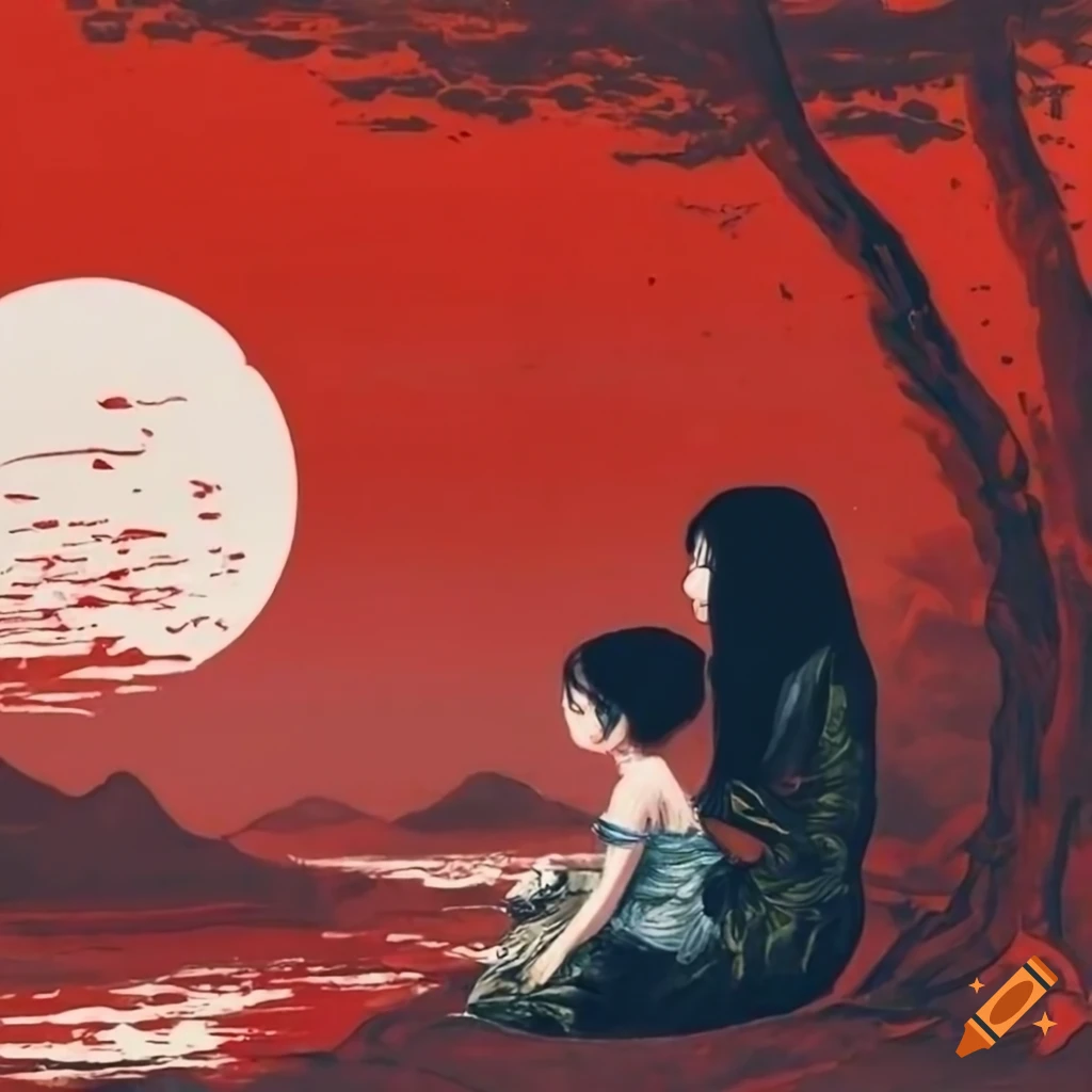 aquarella painting of a woman and a little girl in front of a Japanese landscape