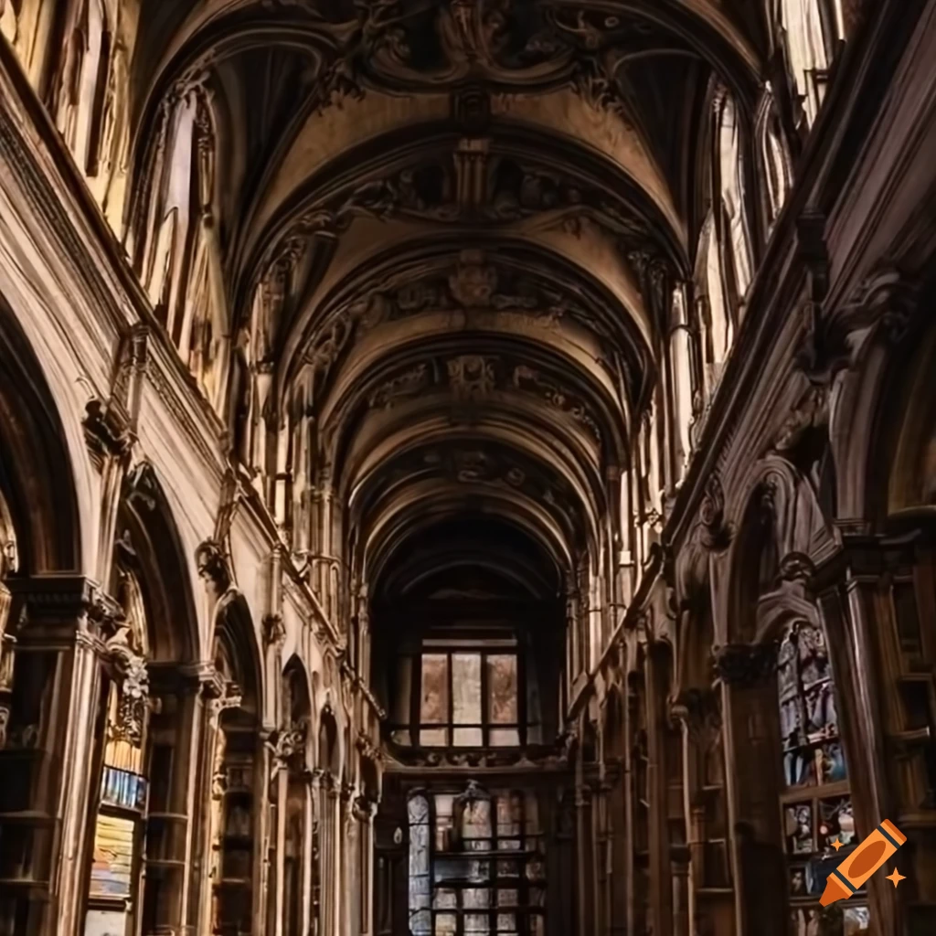interior of a dark academia hall