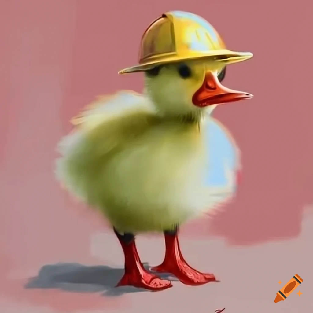 cute duckling in fireman helmet and red rain boots
