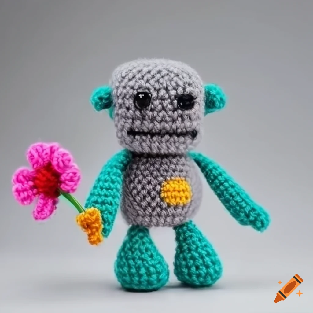 amigurumi robot holding a flower
