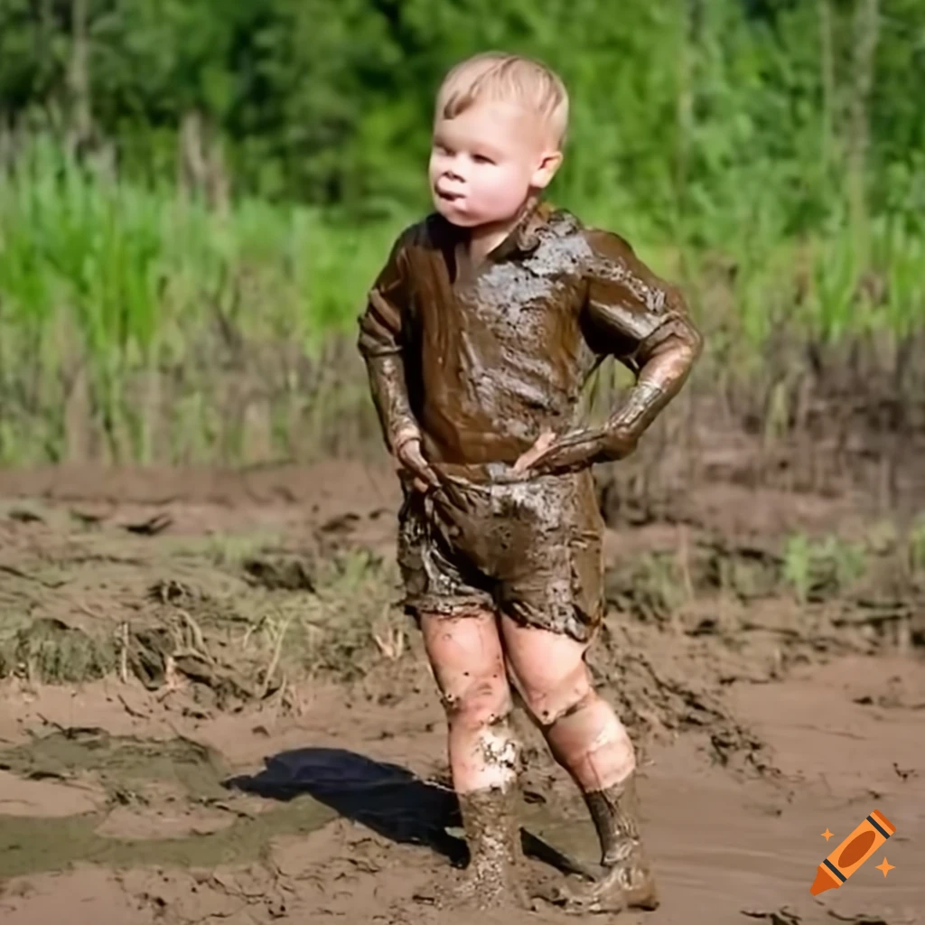 toddler boy in leather shirt covered in mud