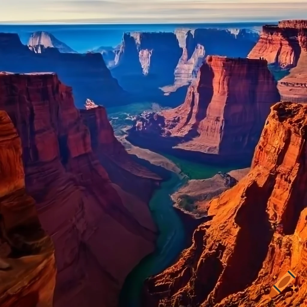 photorealistic depiction of a scenic canyon and mountain