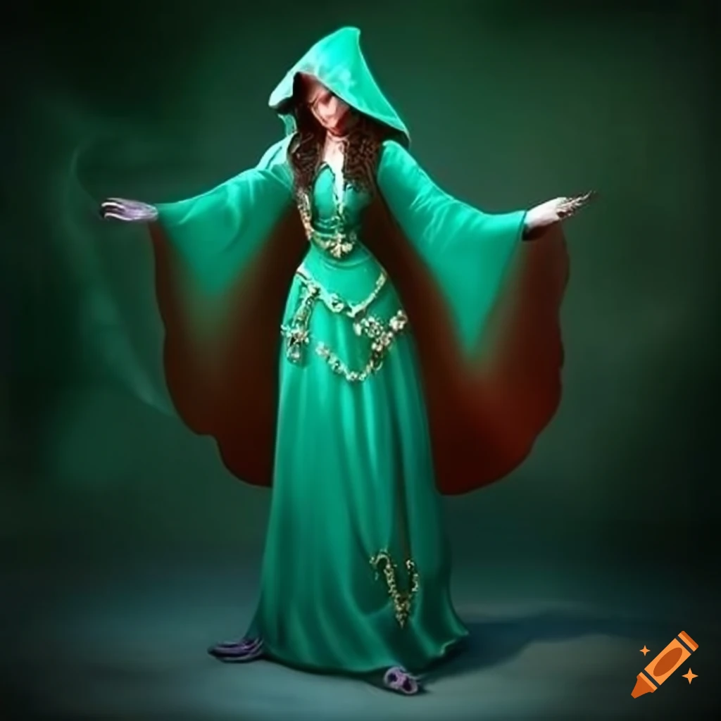 image of a wise woman dancer in a green hooded cassock
