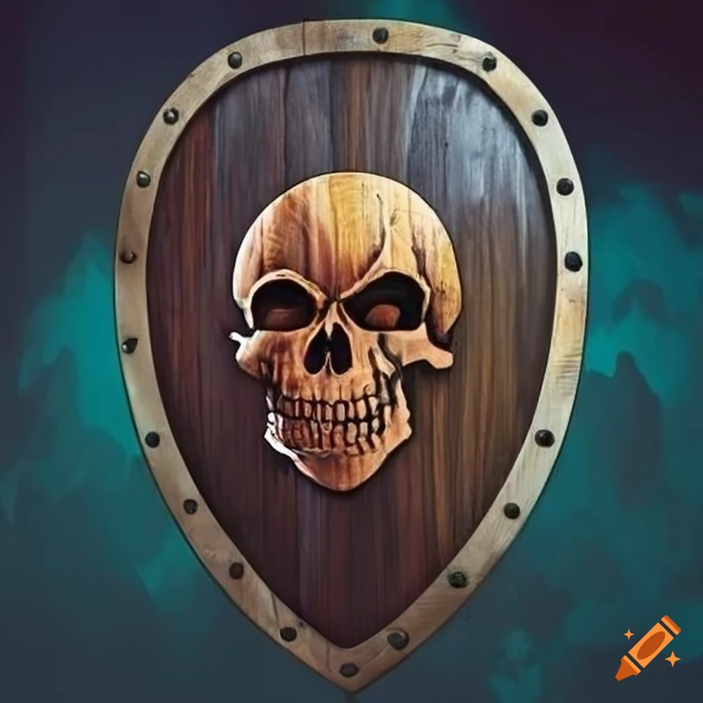 rounded wooden shield with skull symbol