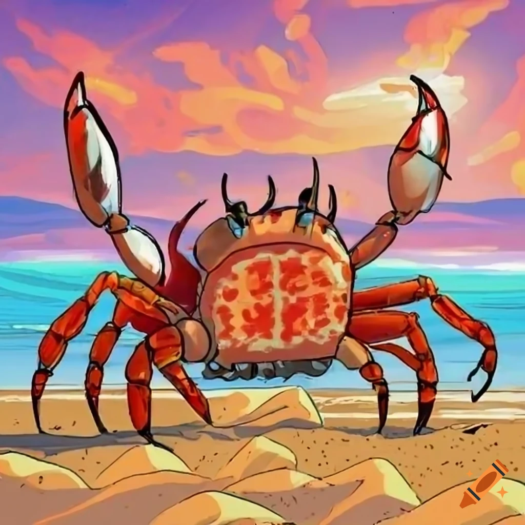 comic illustration of a crab at the beach