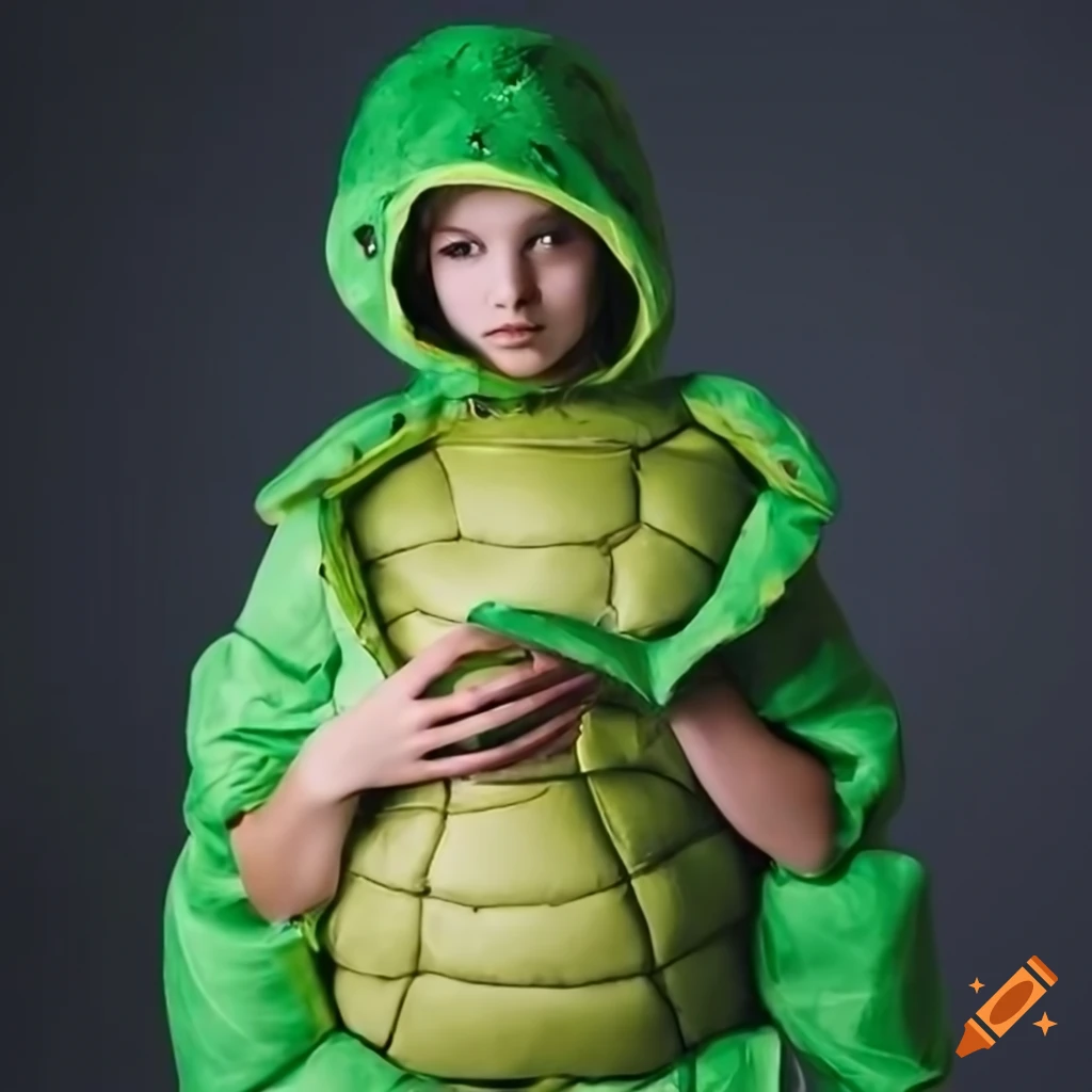 photo of a teenage girl in a puffy turtle costume