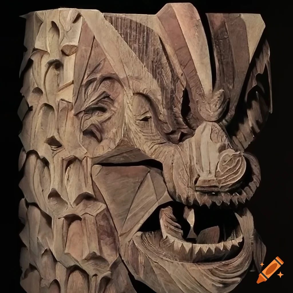 detailed carving artwork of a moth werewolf motif