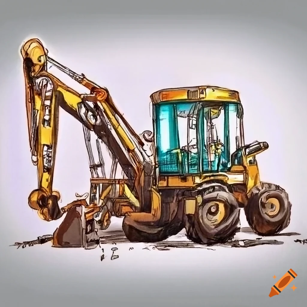 detailed pencil sketch of a backhoe loader