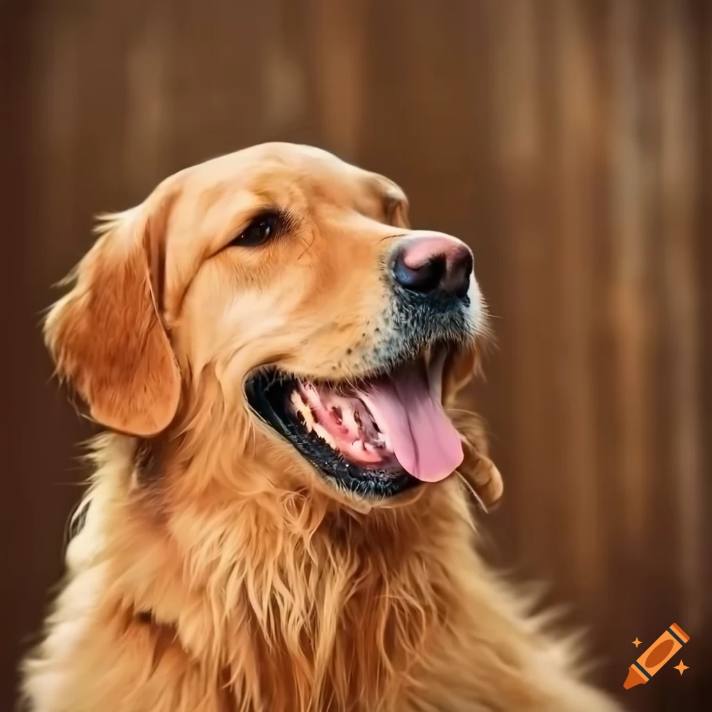 smiling golden retriever with wood in the background