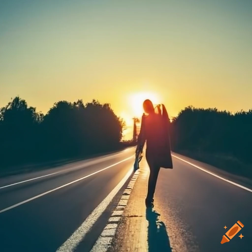 sunset on a highway with a female silhouette