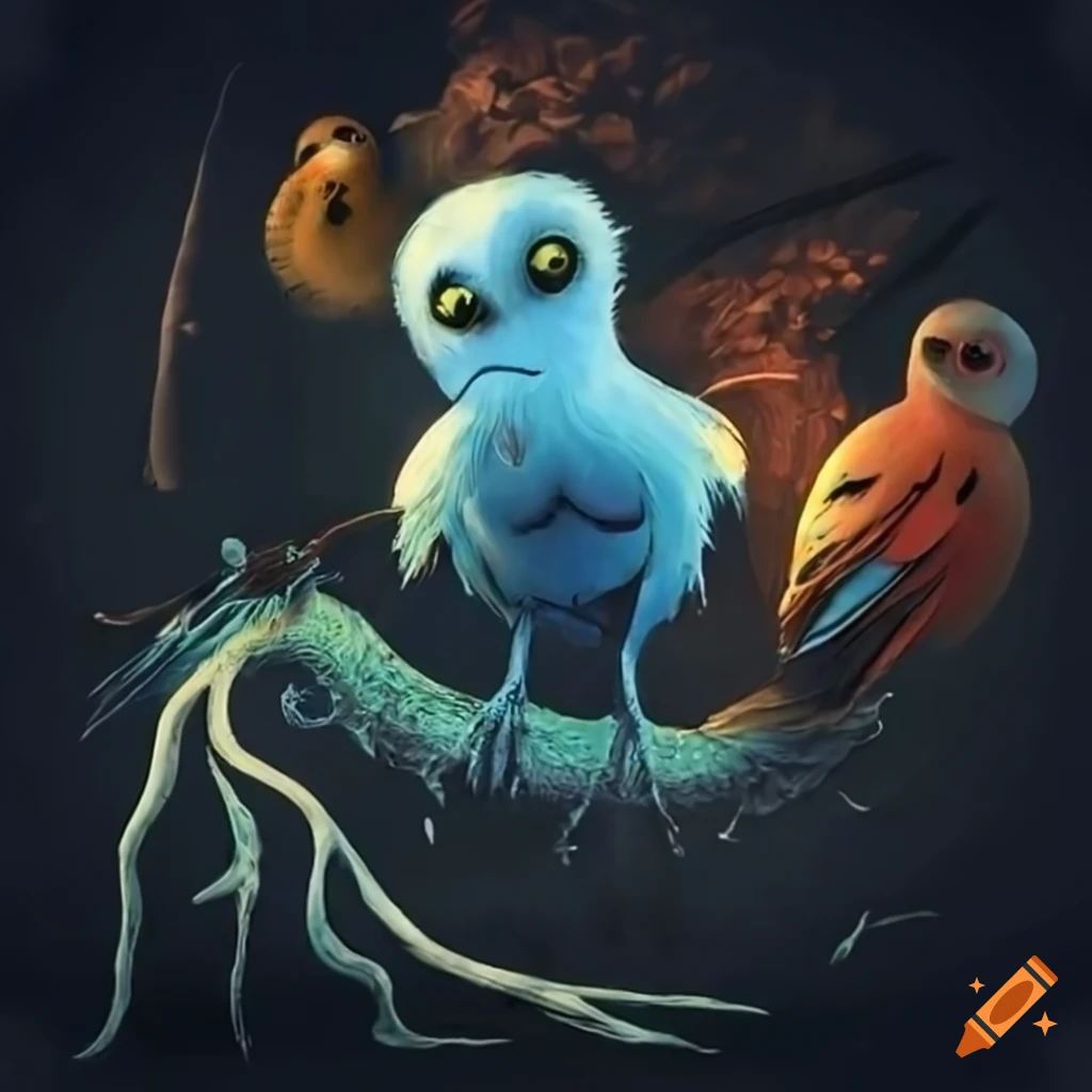 tim burton style artwork featuring spooky birds on a branch
