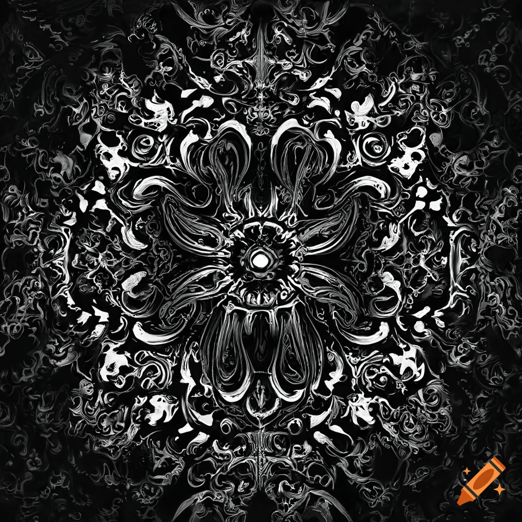 detailed black and white filigree pattern on black background