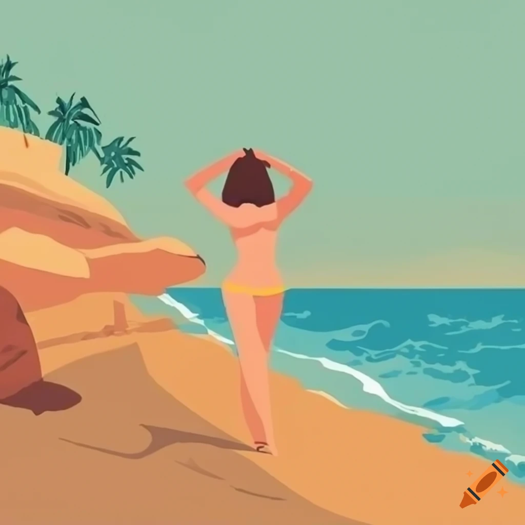 illustration of a female sunbather on a beach in a coastal town