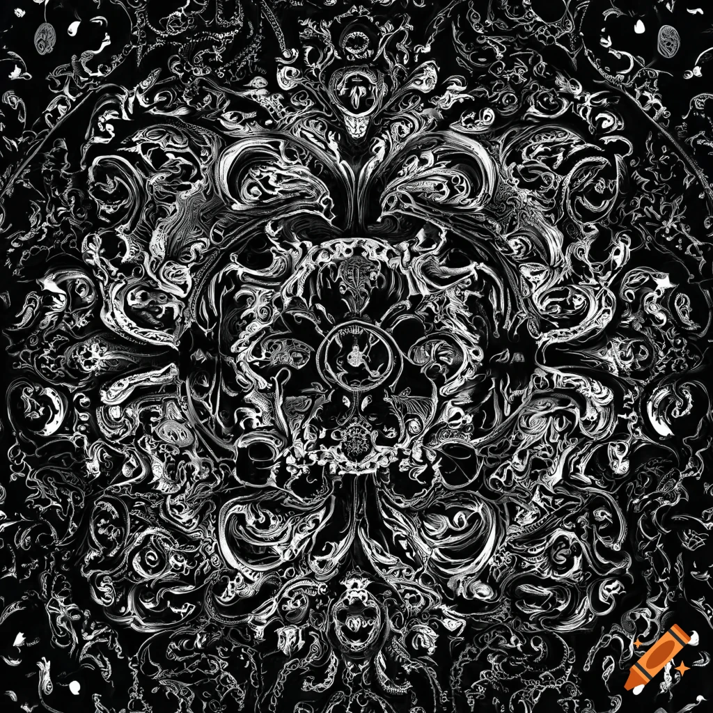 black and white filigree pattern on black background