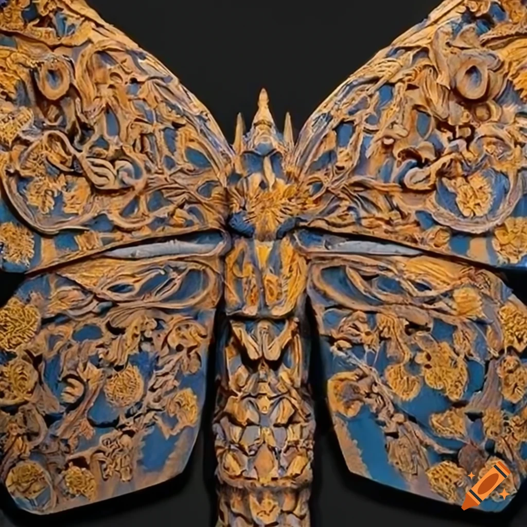 multi-faceted architectural carving with marigold moth motif