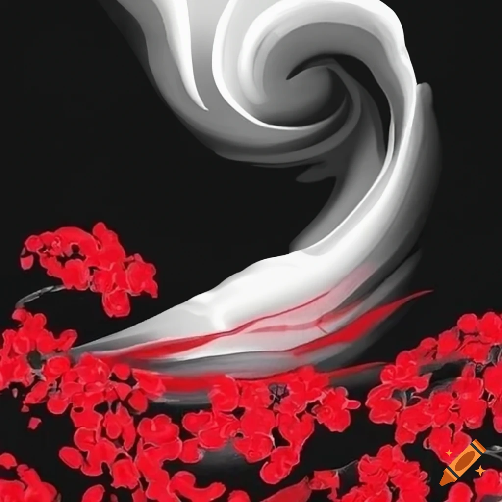 Japanese-style ink painting with white, black, and red colors