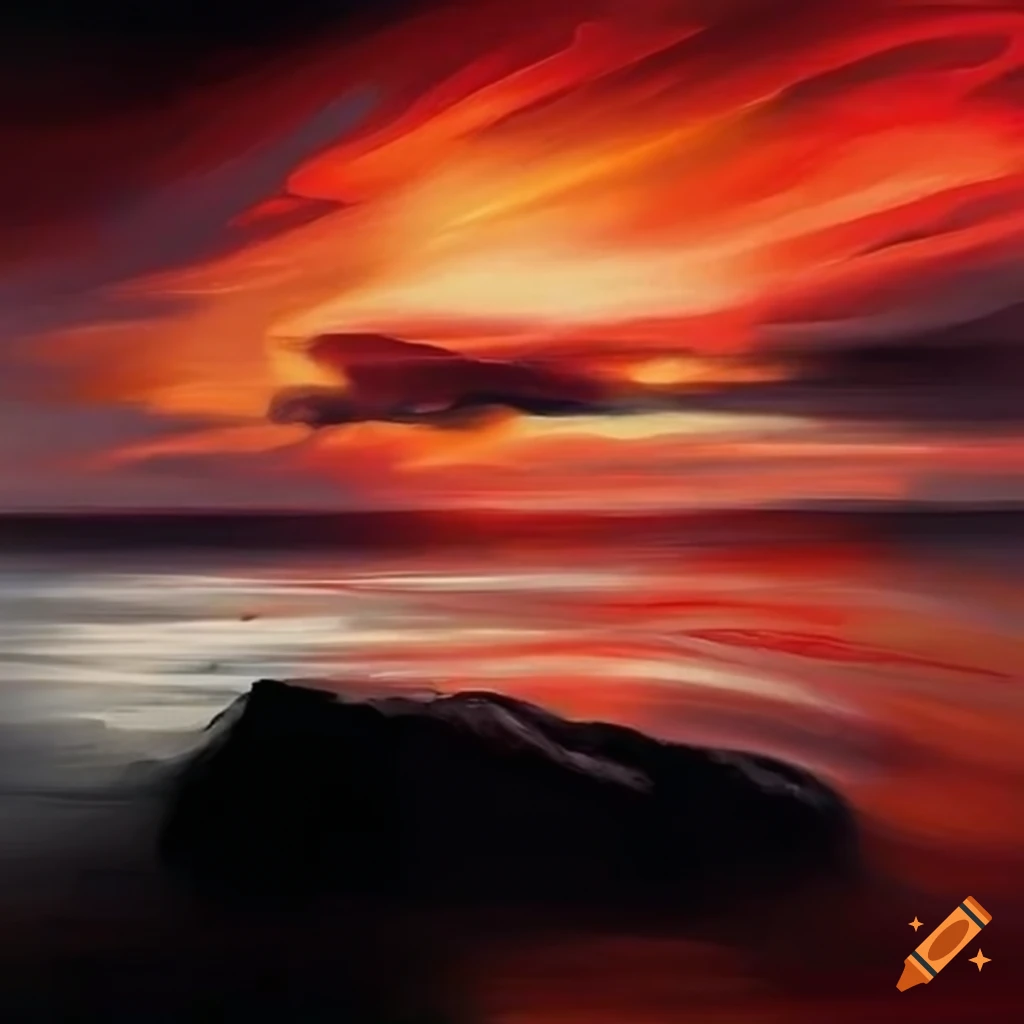 abstract painting of fiery waves in the sky and sea
