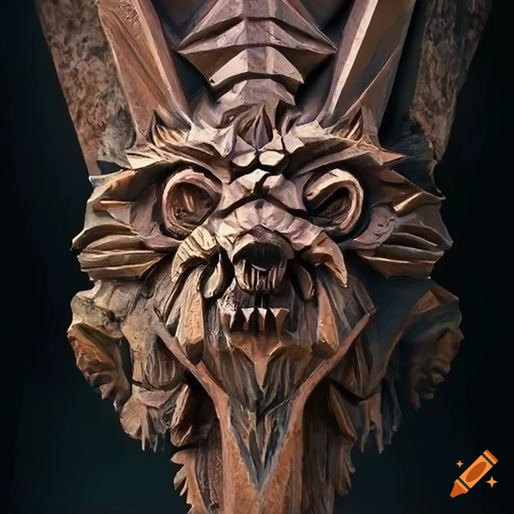 detailed carving of a moth werewolf motif
