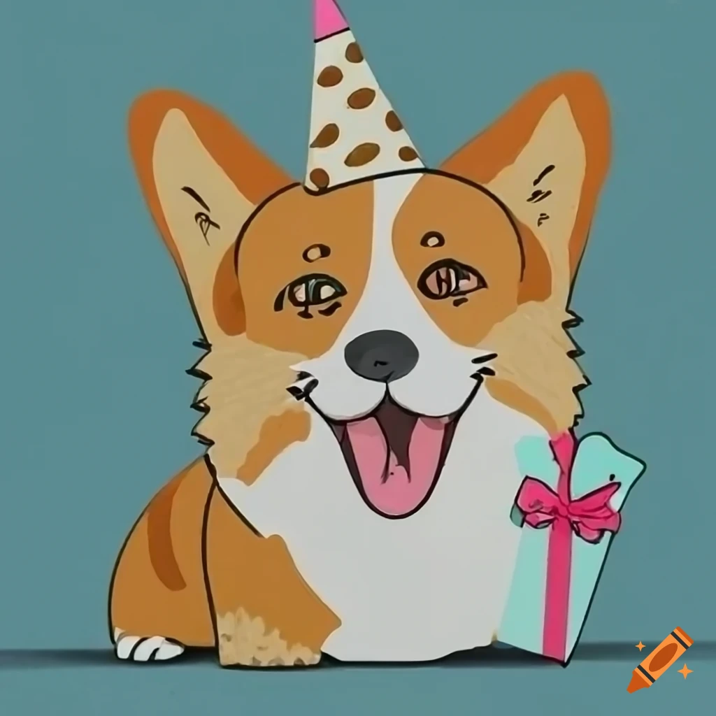 vertical compressed image of a corgi holding a gift for a birthday card