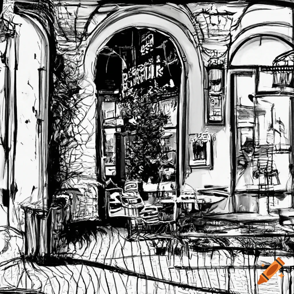 intricate black and white sketch of a New Orleans cafe