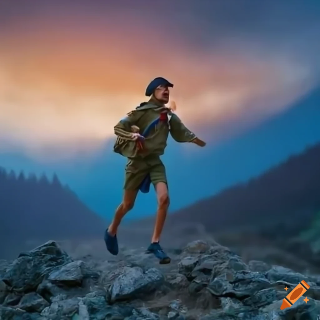 ukrainian scout running with flag in the mountains