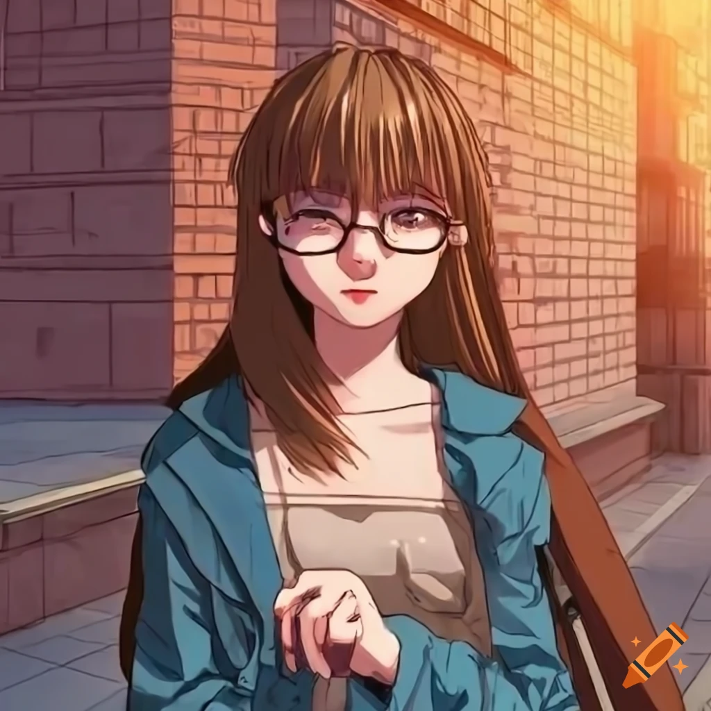anime girl with brown hair and glasses checking time