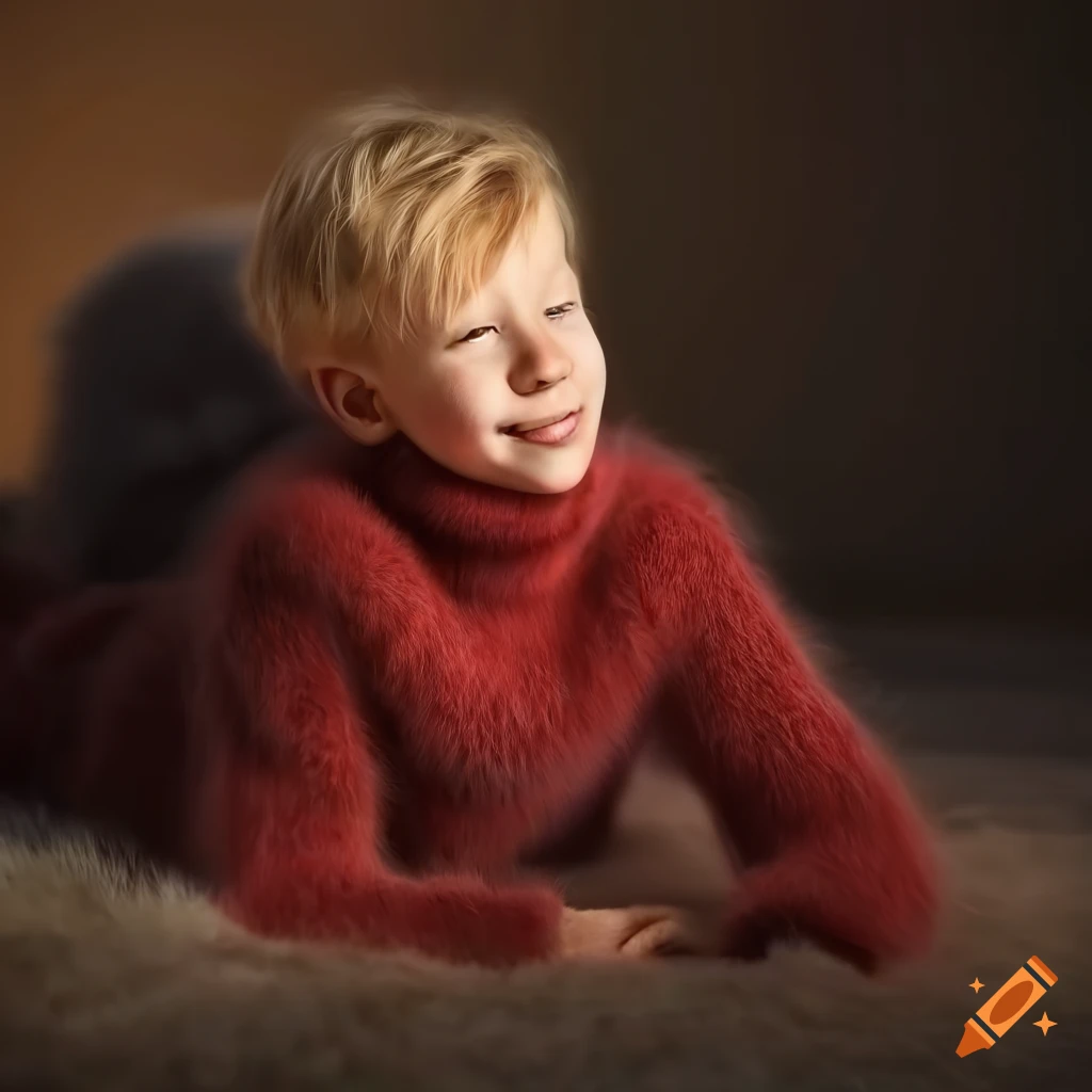 happy blond boy lying on a fur rug