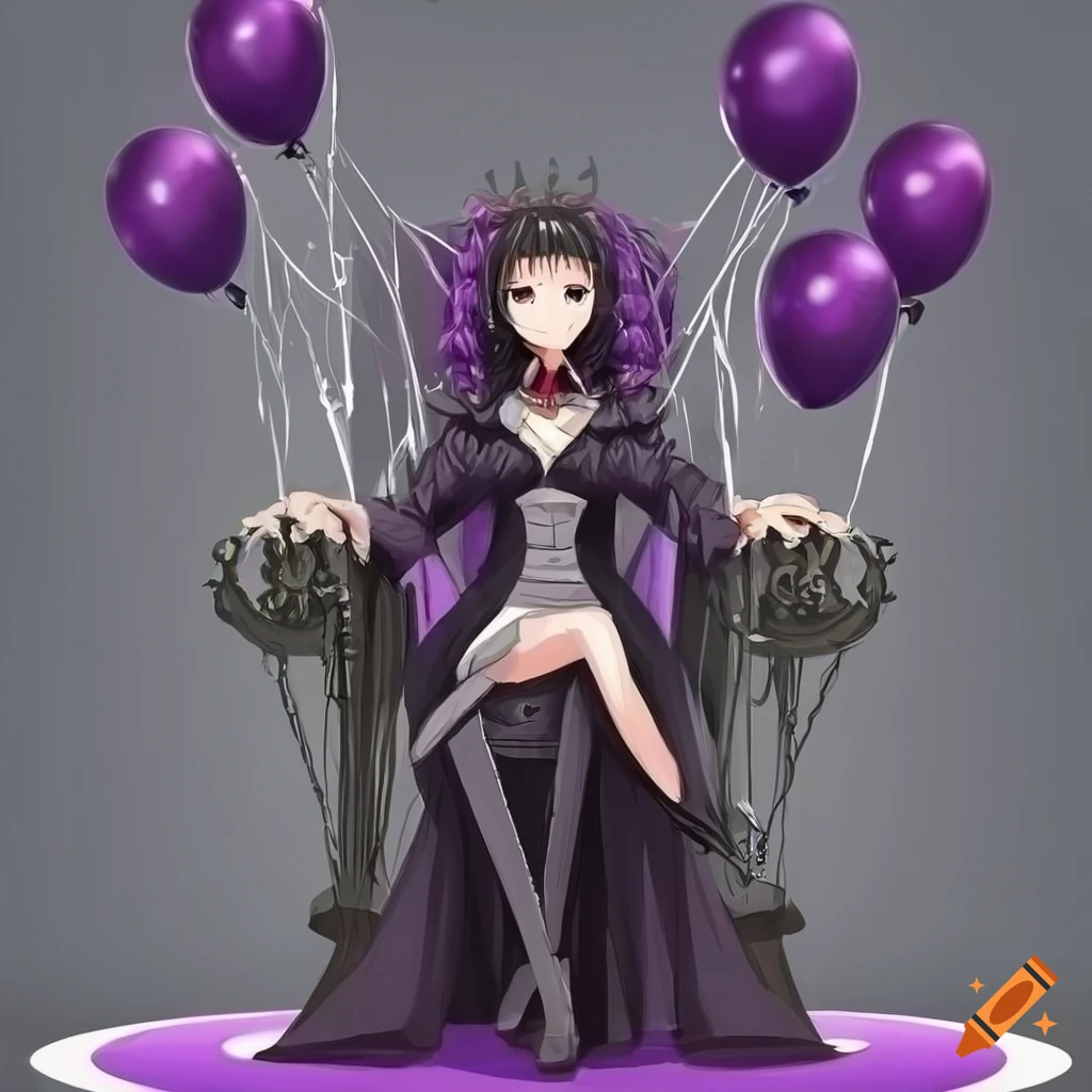 portrait of a girl with black trench coat and purple balloons