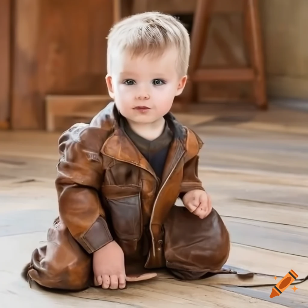 photo of toddler boys working in leather suits