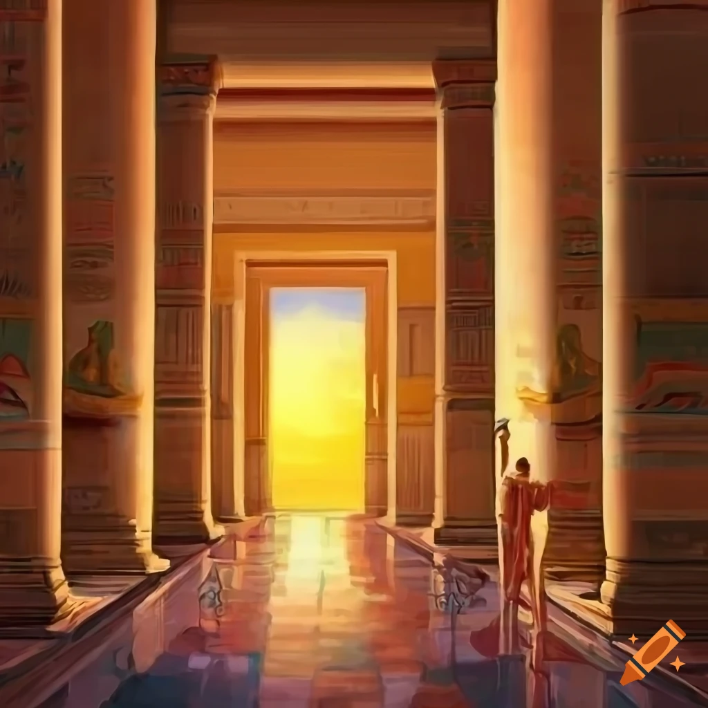 realistic painting of an empty temple with sunset rays