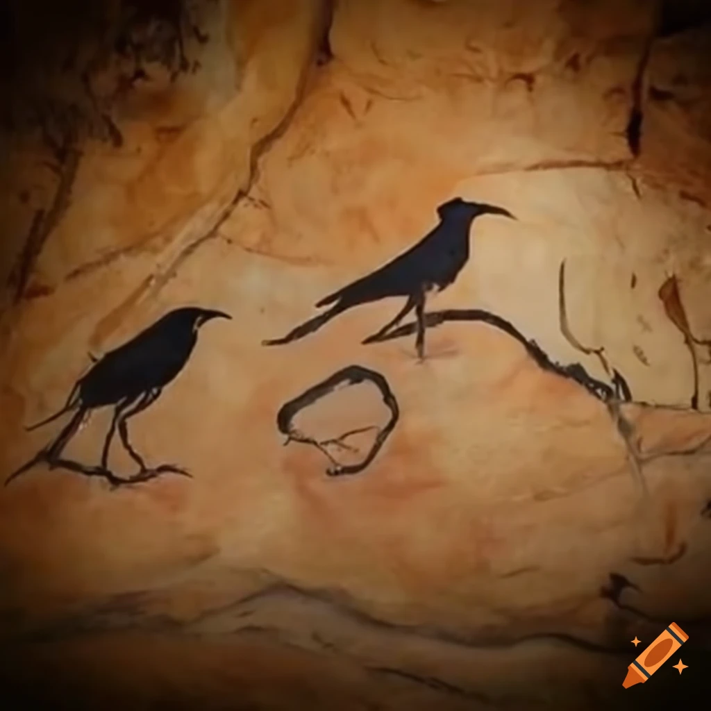 intriguing cave art of crows using spears to hunt