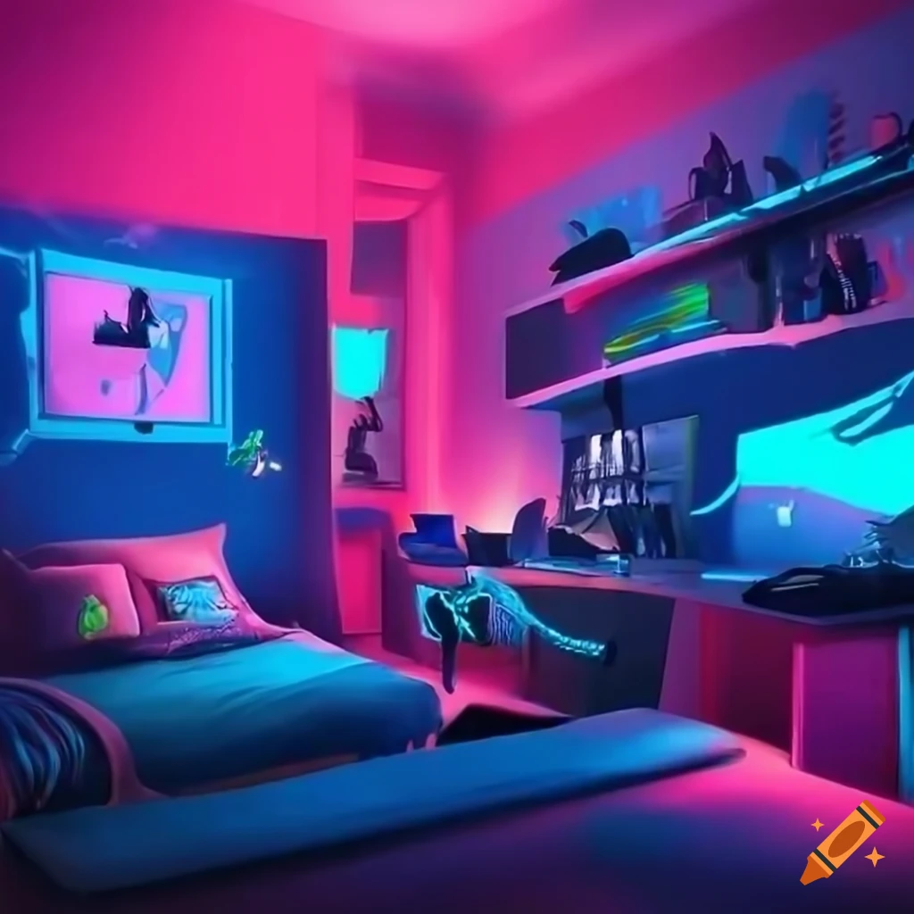 neon gamer themed bedroom in Rossdraws style