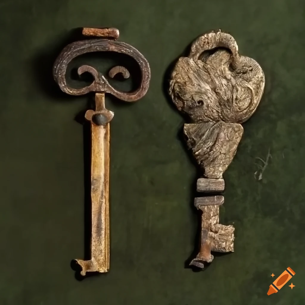 photo of an old key near a dragon's paw on a mossed trunk in a dark forest