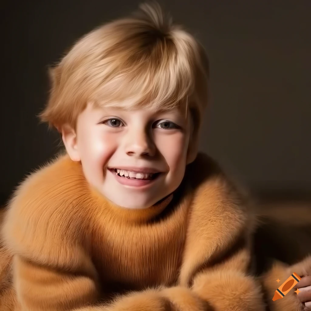 happy blond boy lying on a fur rug