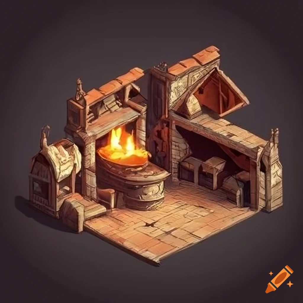 isometric illustration of a medieval forge