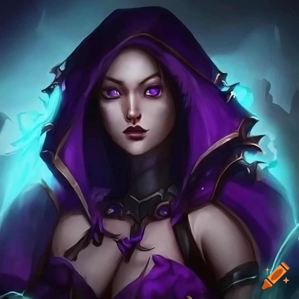 female human mage character with black hair and purple eyes