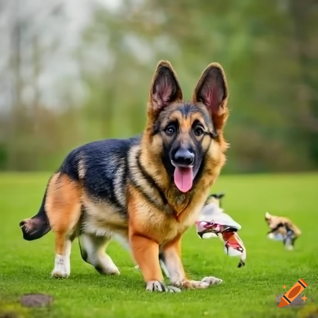 german shepherd and corgi playing fetch in a field