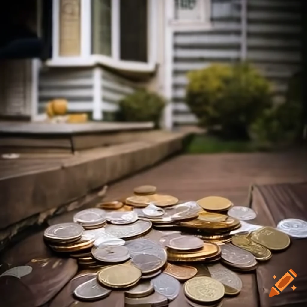 image of money mixed with trash outside a house