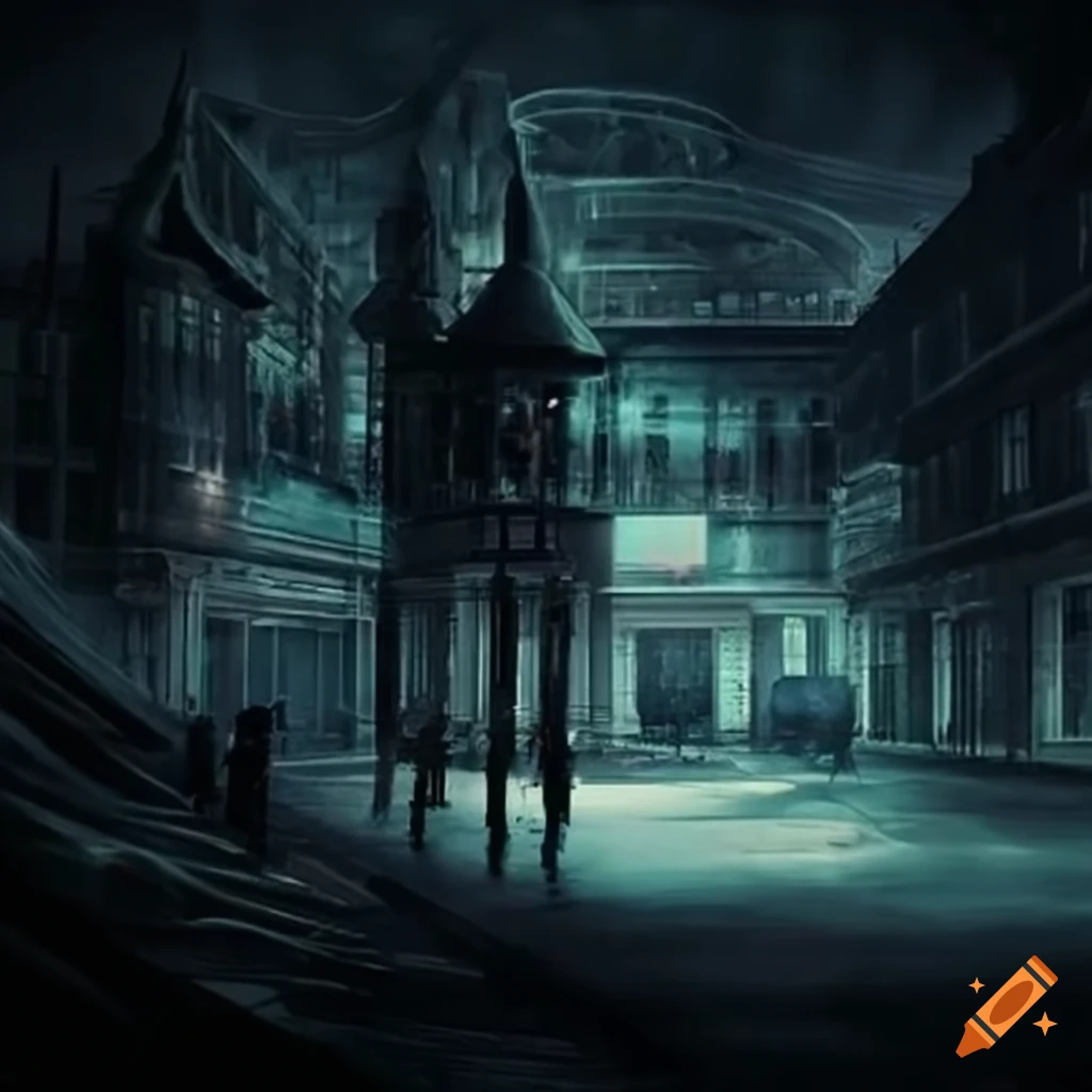 nighttime scene of a scary shopping mall