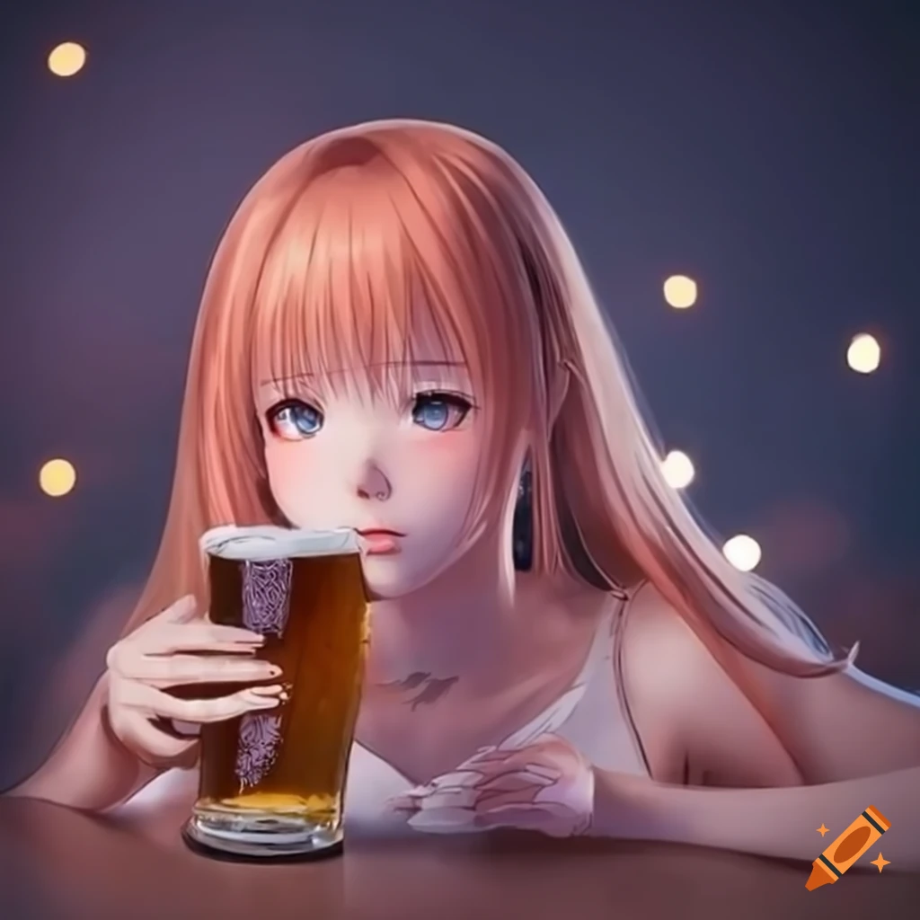 Anime style, girl drinking beer, beach, vivid, hdr,...