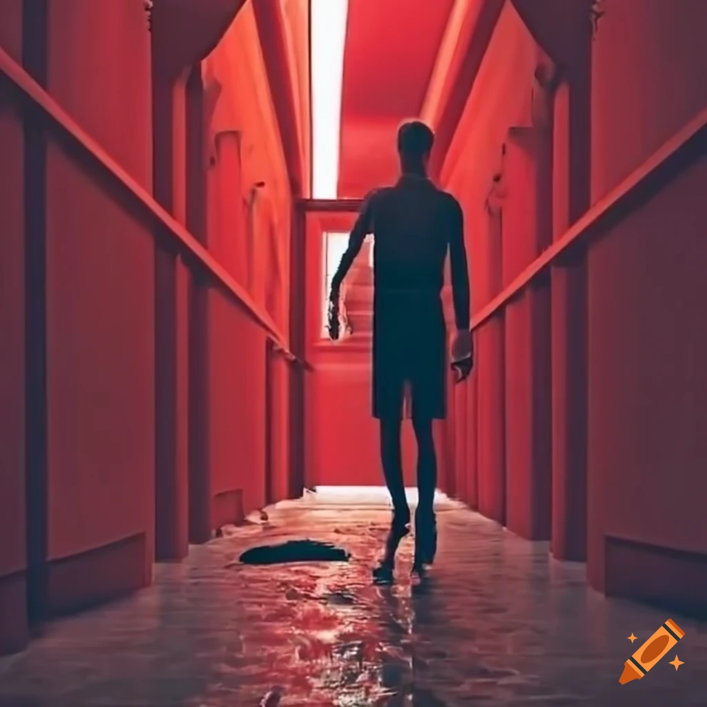 man running down a red-lit hallway