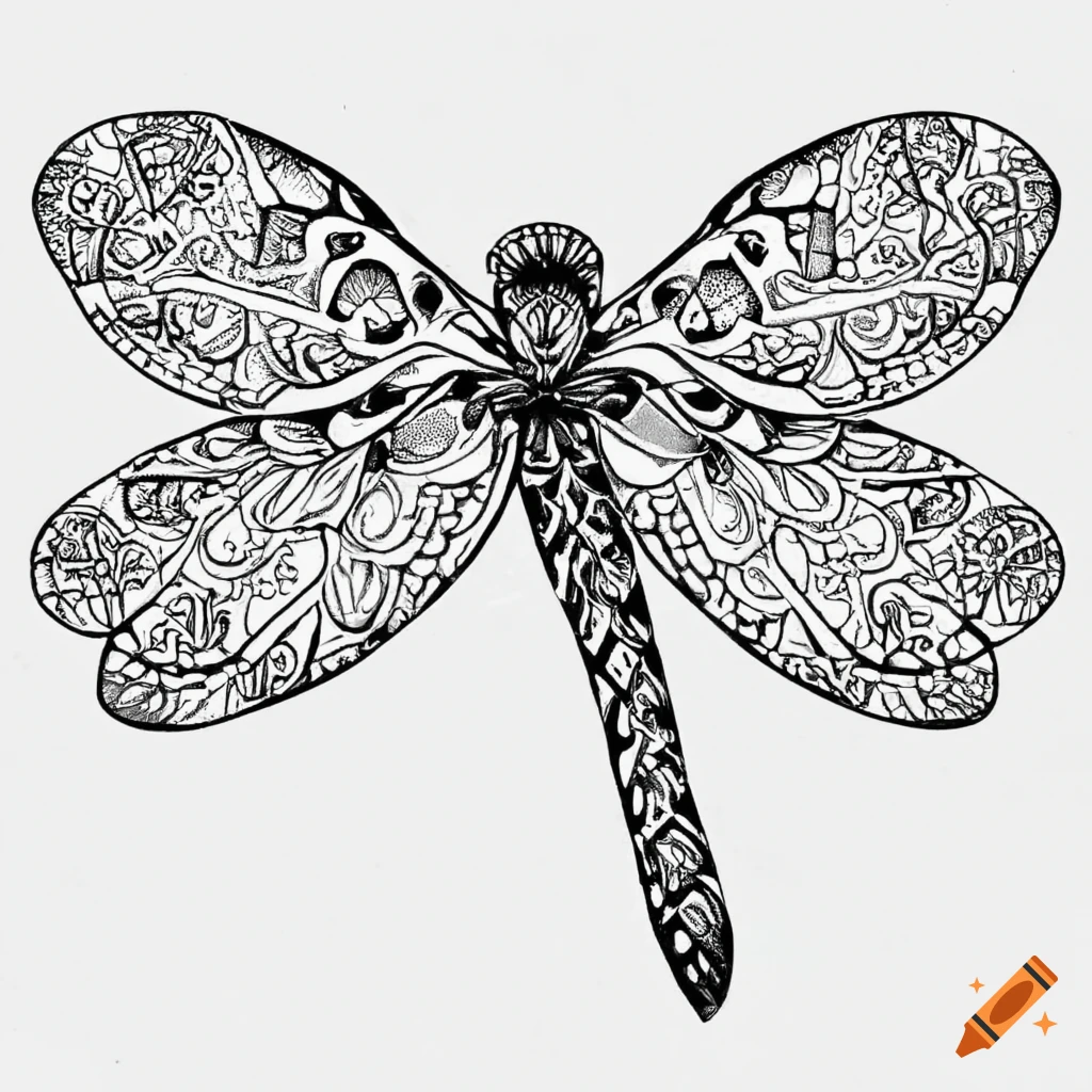 coloring page of a mandala dragonfly design
