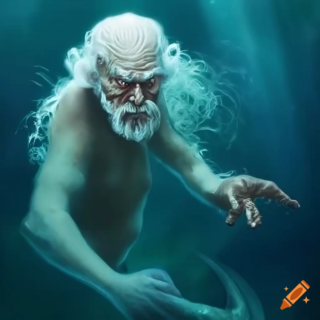 illustration of an old wizard merman in the sea